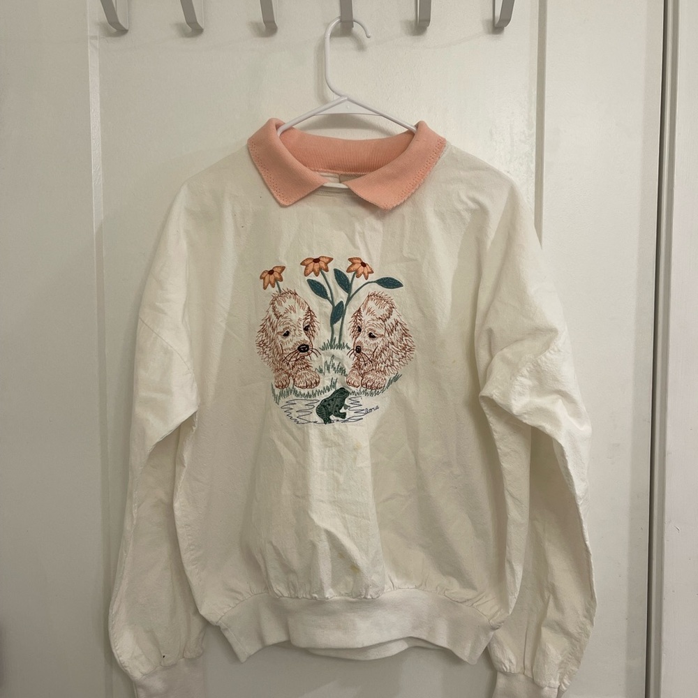 Vintage‎ Folk Art Appliqué Grandmacore Cream Sweatshirt Collar Dog Embroidery